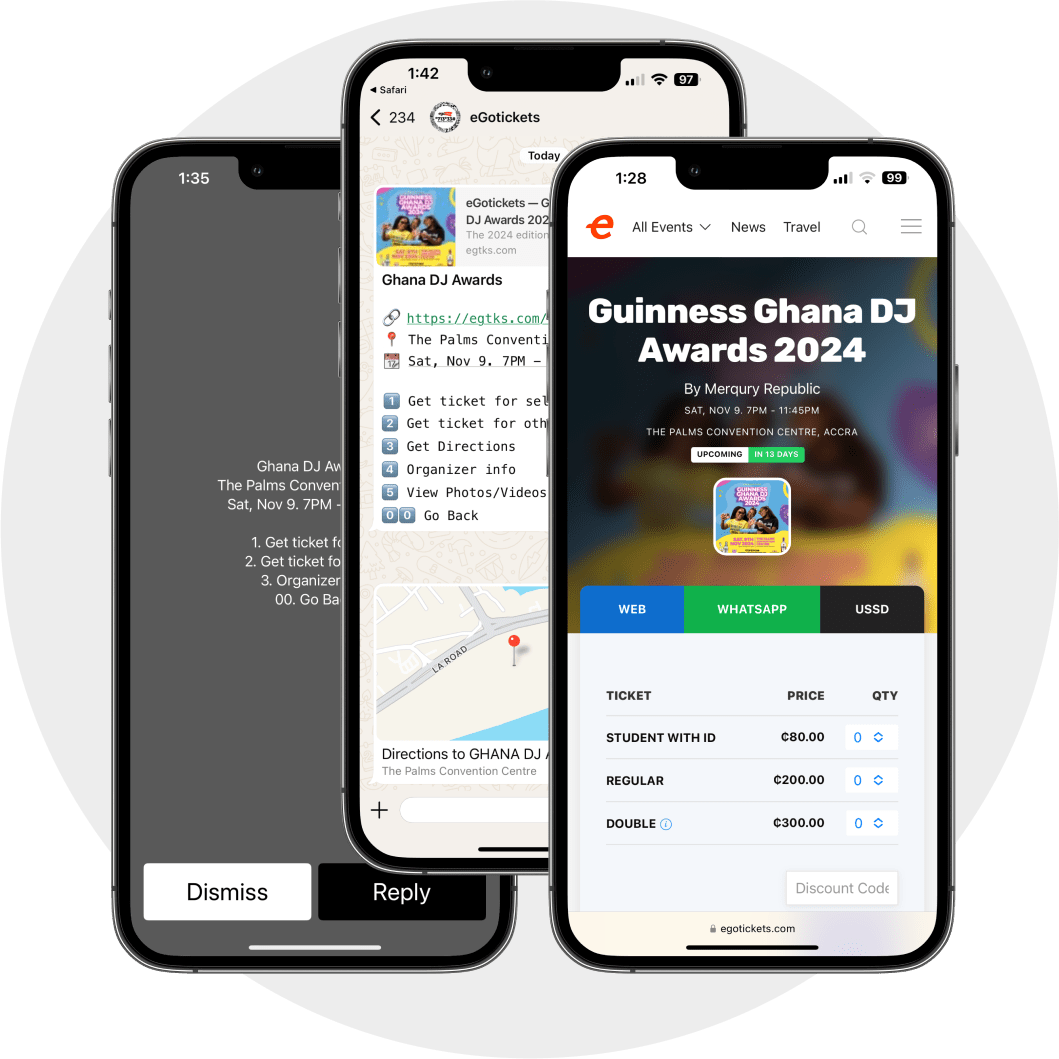 Multi-channel event ticketing diagram showing website, WhatsApp, USSD, and mobile app integrations